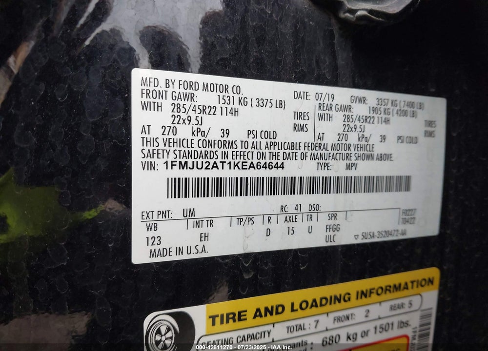 2019 FORD EXPEDITION VIN: 1FMJU2AT1KEA64644