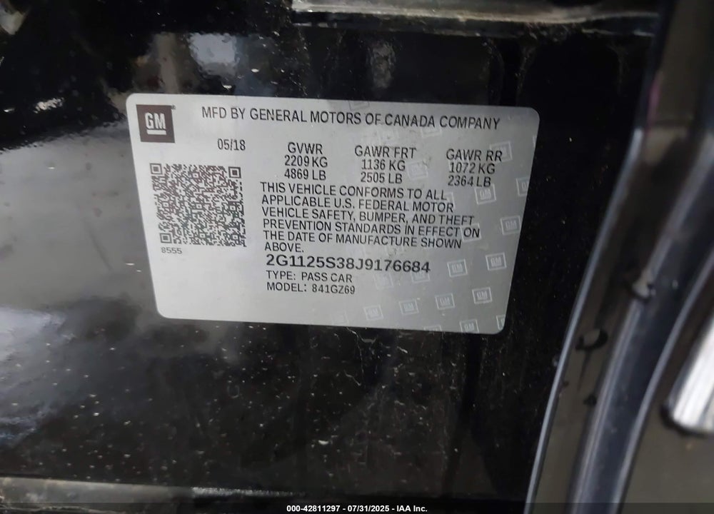 2018 CHEVROLET IMPALA VIN: 2G1125S38J9176684