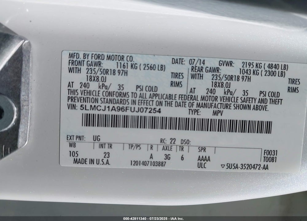 2015 LINCOLN MKC VIN: 5LMCJ1A96FUJ07254