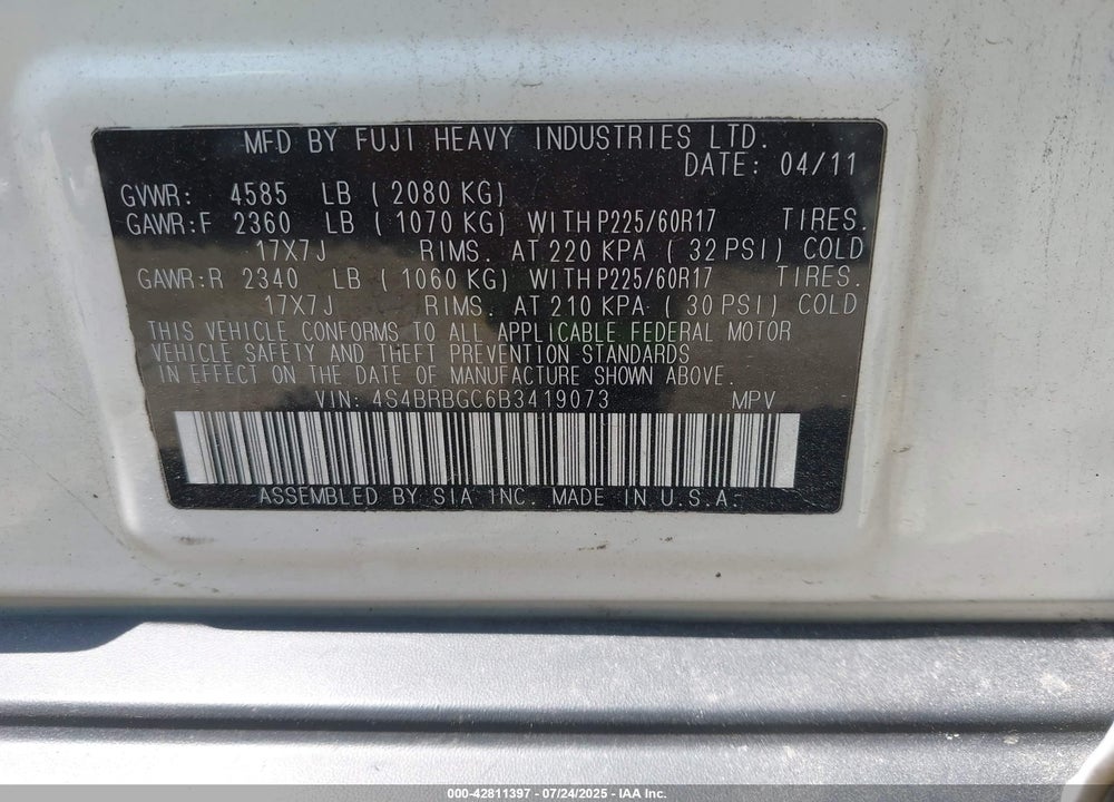 2011 SUBARU OUTBACK VIN: 4S4BRBGC6B3419073