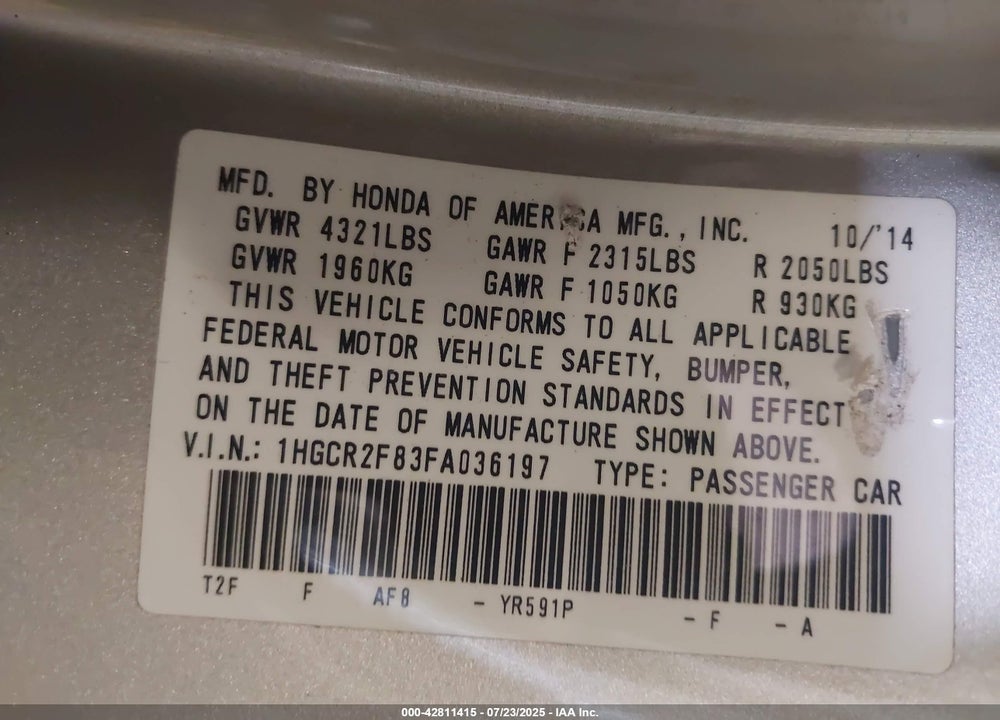 2015 HONDA ACCORD VIN: 1HGCR2F83FA036197