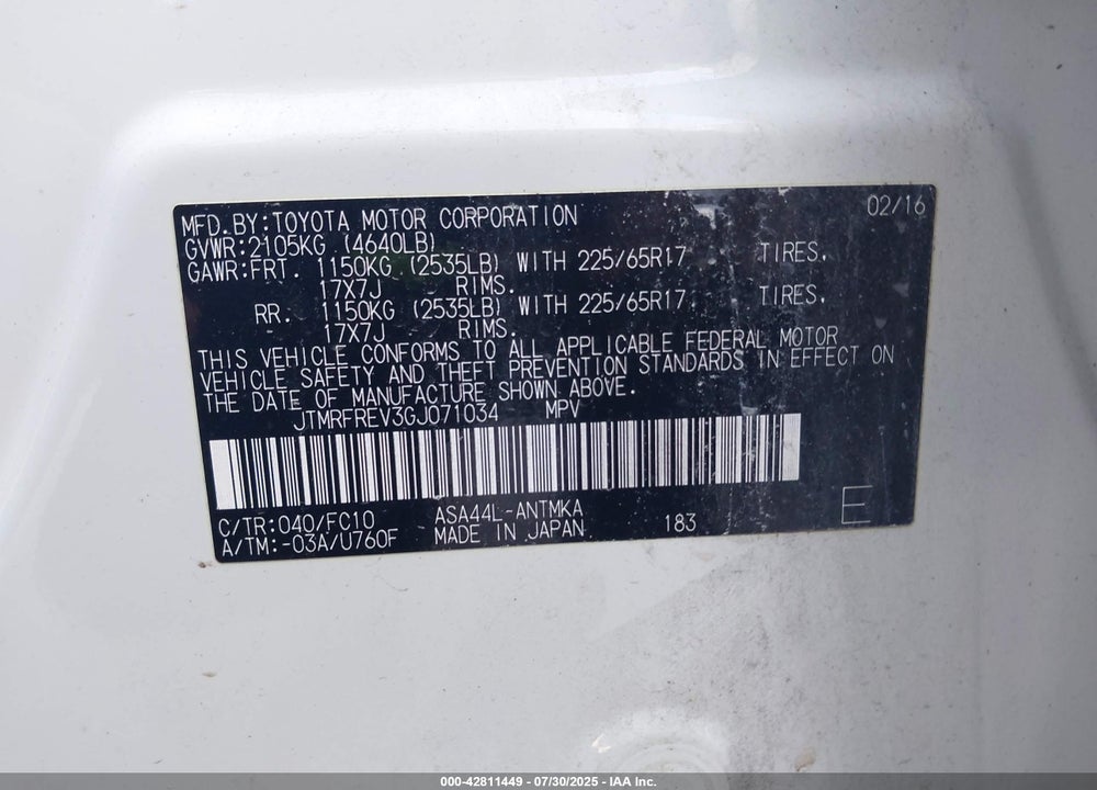 2016 TOYOTA RAV4 VIN: JTMRFREV3GJ071034