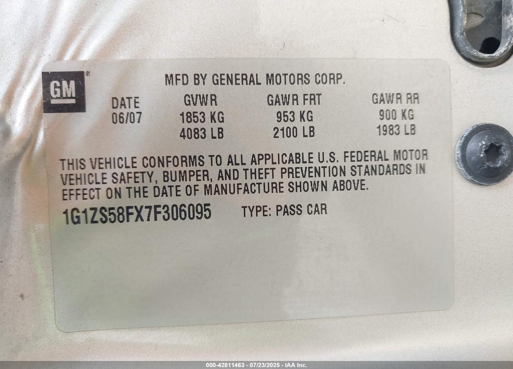 2007 CHEVROLET MALIBU VIN: 1G1ZS58FX7F306095