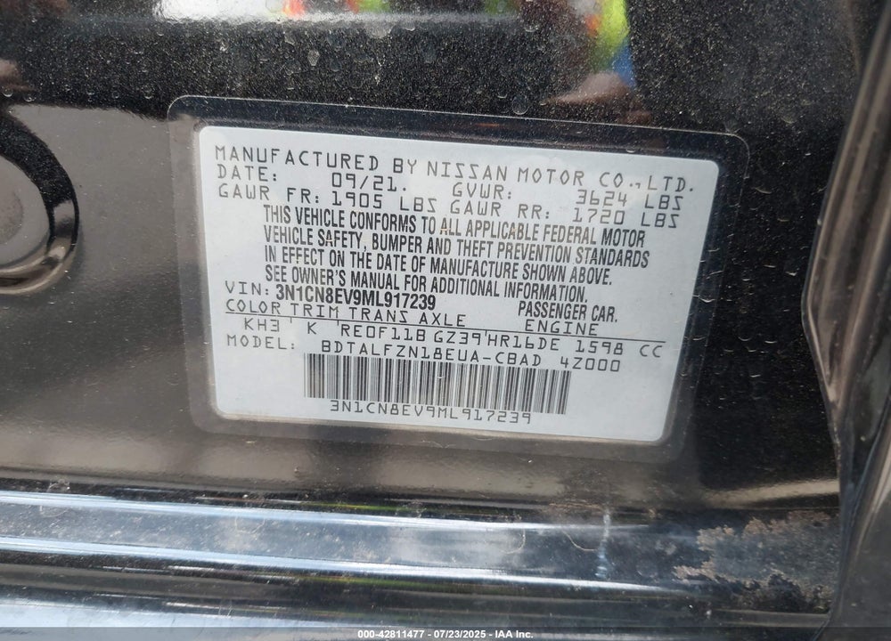 2021 NISSAN VERSA SV XTRONIC CVT VIN: 3N1CN8EV9ML917239