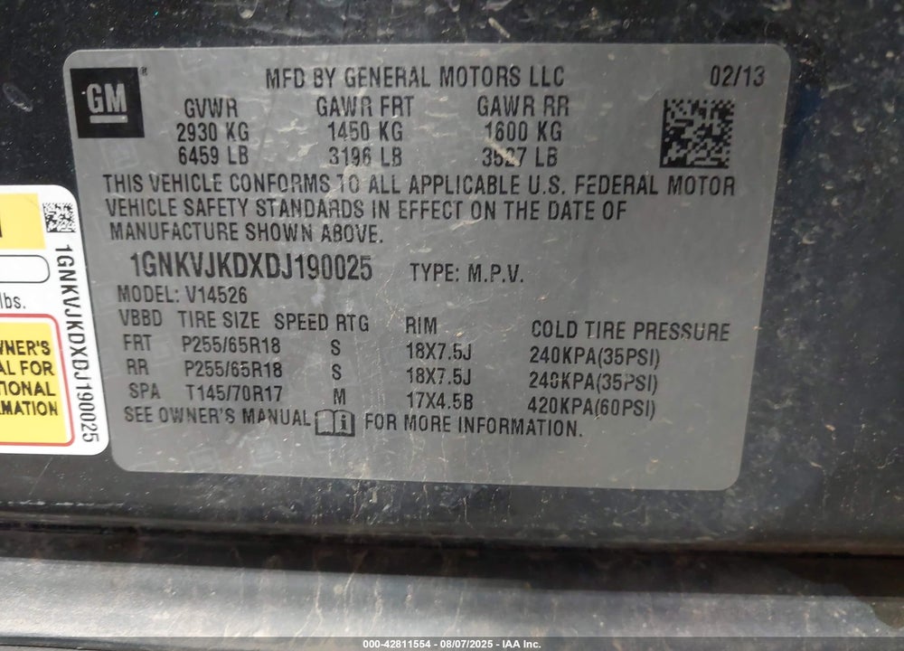 2013 CHEVROLET TRAVERSE VIN: 1GNKVJKDXDJ190025