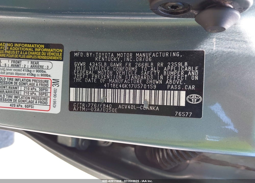 2007 TOYOTA CAMRY VIN: 4T1BE46K17U570159