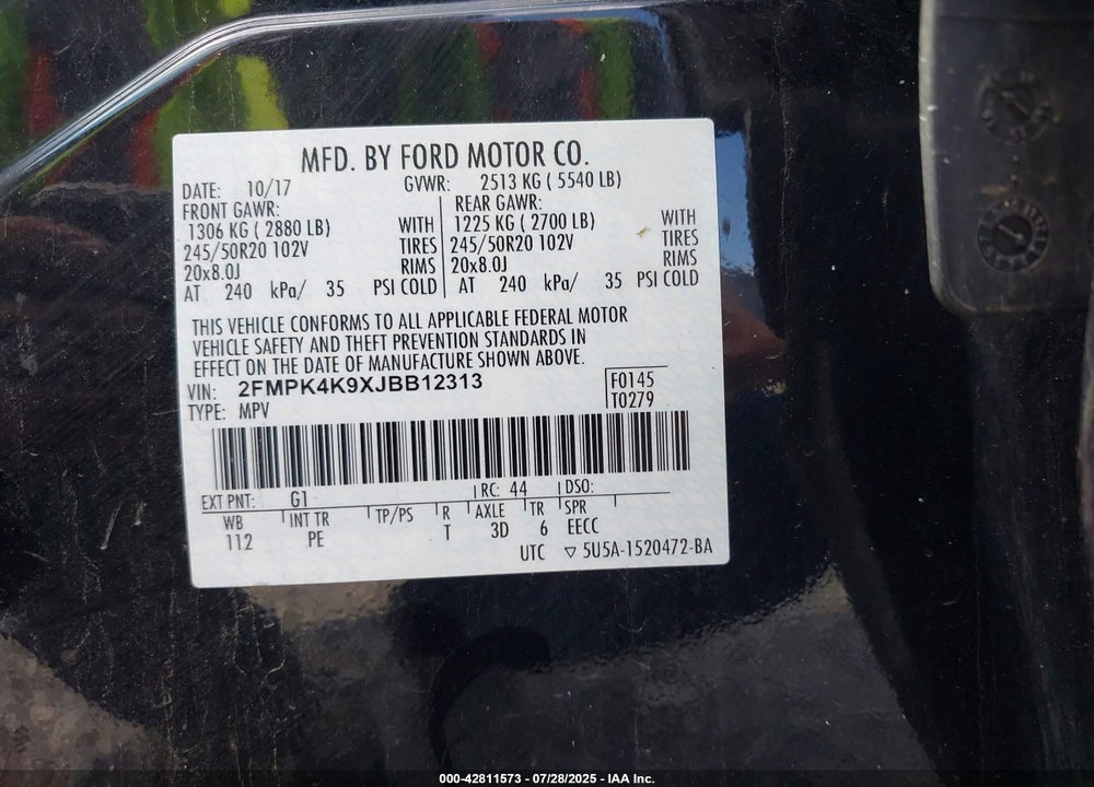 2018 FORD EDGE VIN: 2FMPK4K9XJBB12313