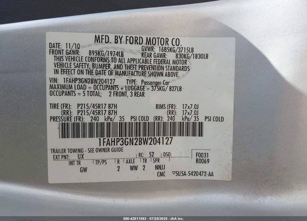 2011 FORD FOCUS VIN: 1FAHP3GN2BW204127