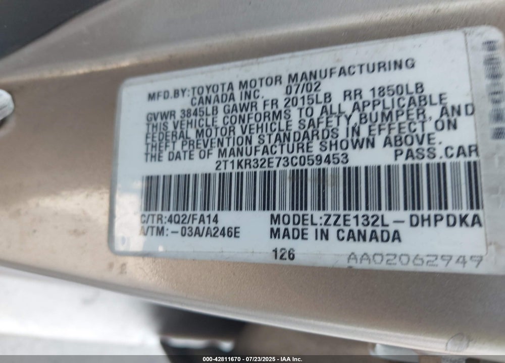 2003 TOYOTA MATRIX VIN: 2T1KR32E73C059453