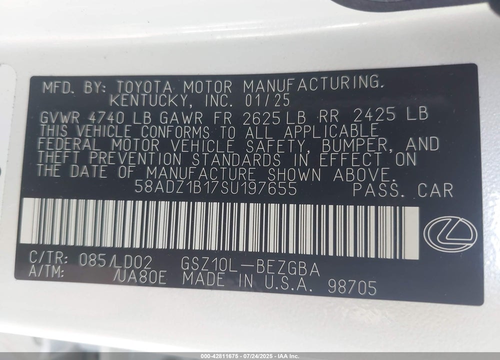 2025 LEXUS ES 350 VIN: 58ADZ1B17SU197655