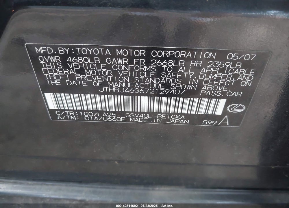 2007 LEXUS ES350 VIN: JTHBJ46G672129407
