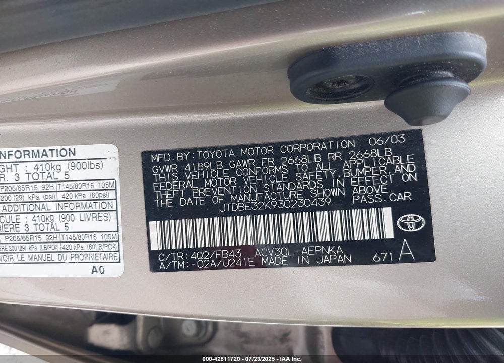 2003 TOYOTA CAMRY VIN: JTDBE32K930230439