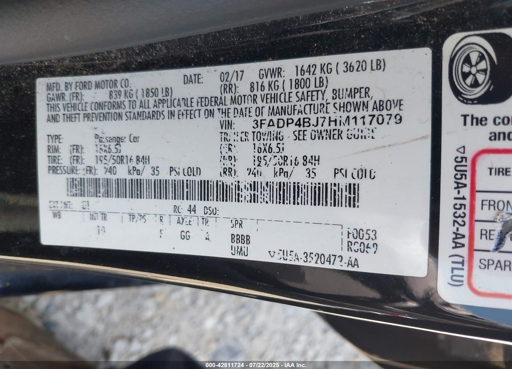 2017 FORD FIESTA VIN: 3FADP4BJ7HM117079