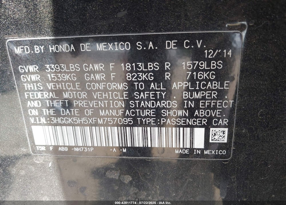 2015 HONDA FIT VIN: 3HGGK5H5XFM757095
