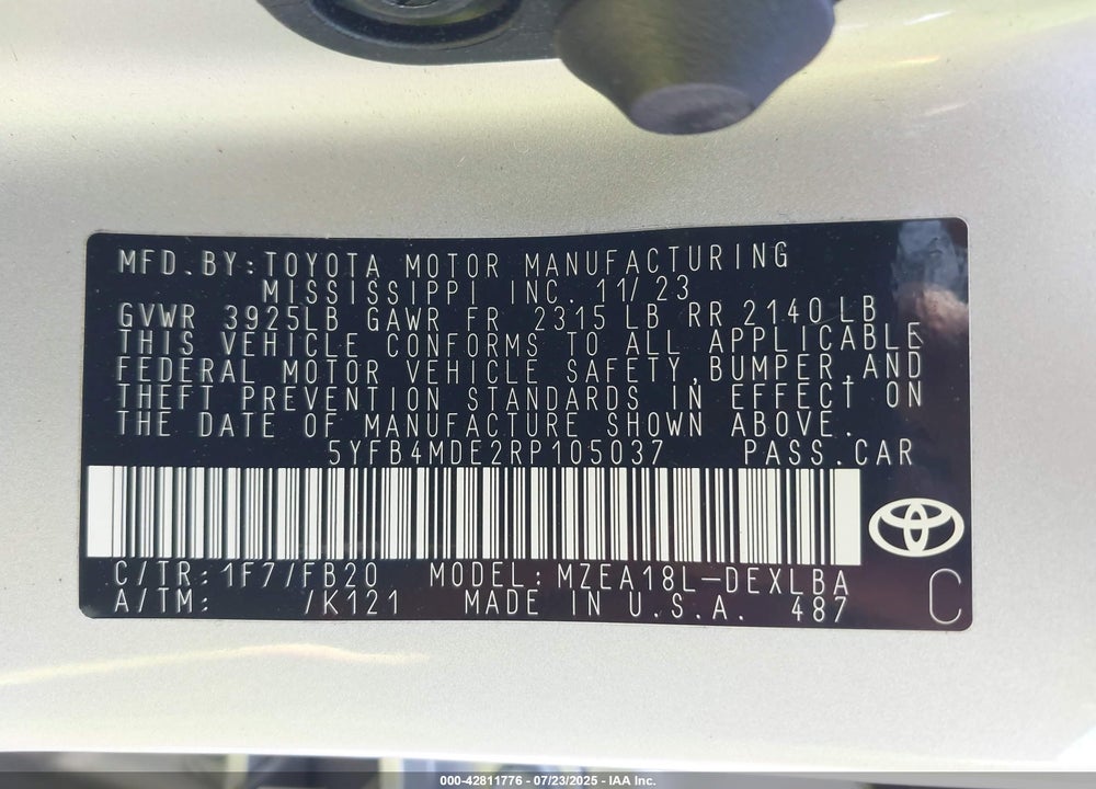 2024 TOYOTA COROLLA LE VIN: 5YFB4MDE2RP105037