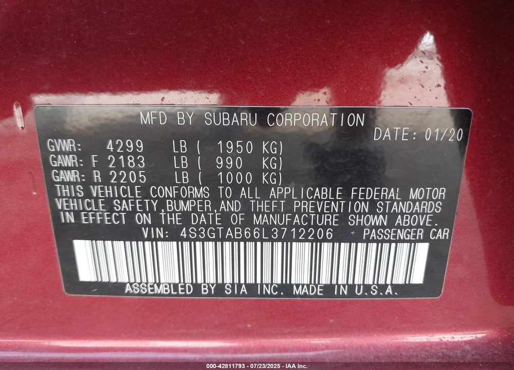 2020 SUBARU IMPREZA VIN: 4S3GTAB66L3712206