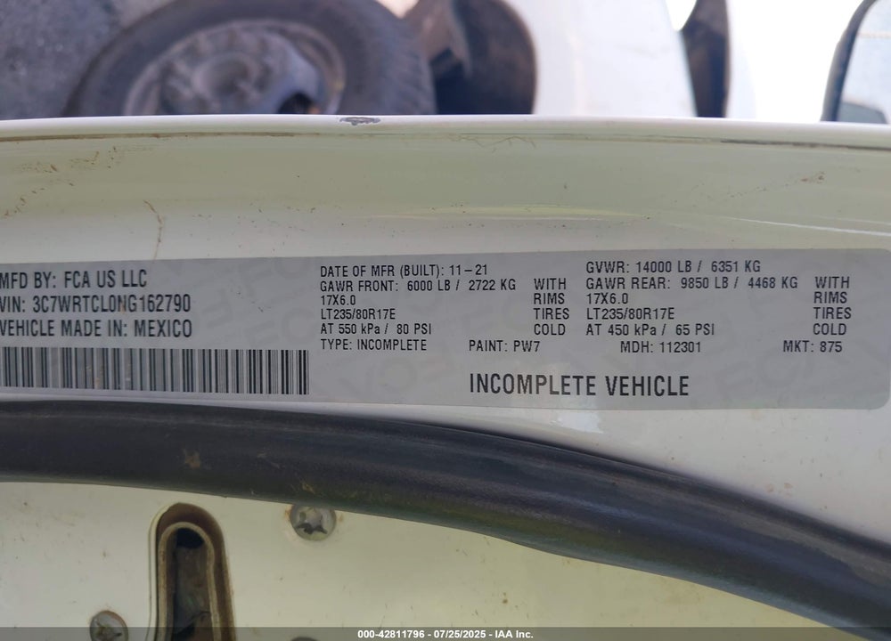 2022 RAM 3500 CHASSIS TRADESMAN/SLT/LAIE/LIMITED VIN: 3C7WRTCL0NG162790