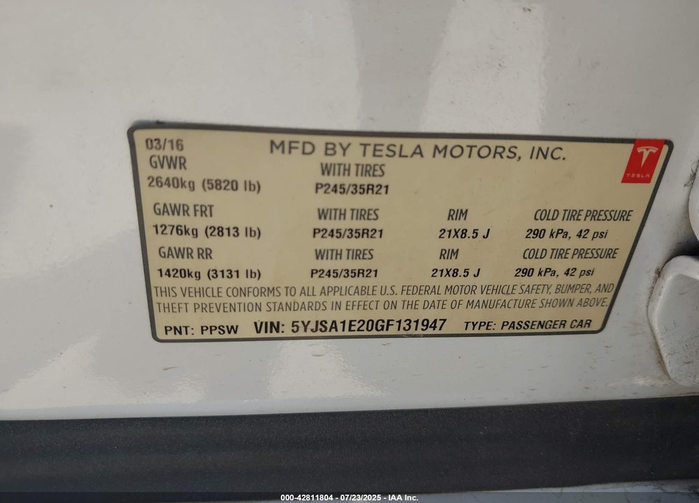 2016 TESLA MODEL S 60D/70D/75D/85D/90D VIN: 5YJSA1E20GF131947