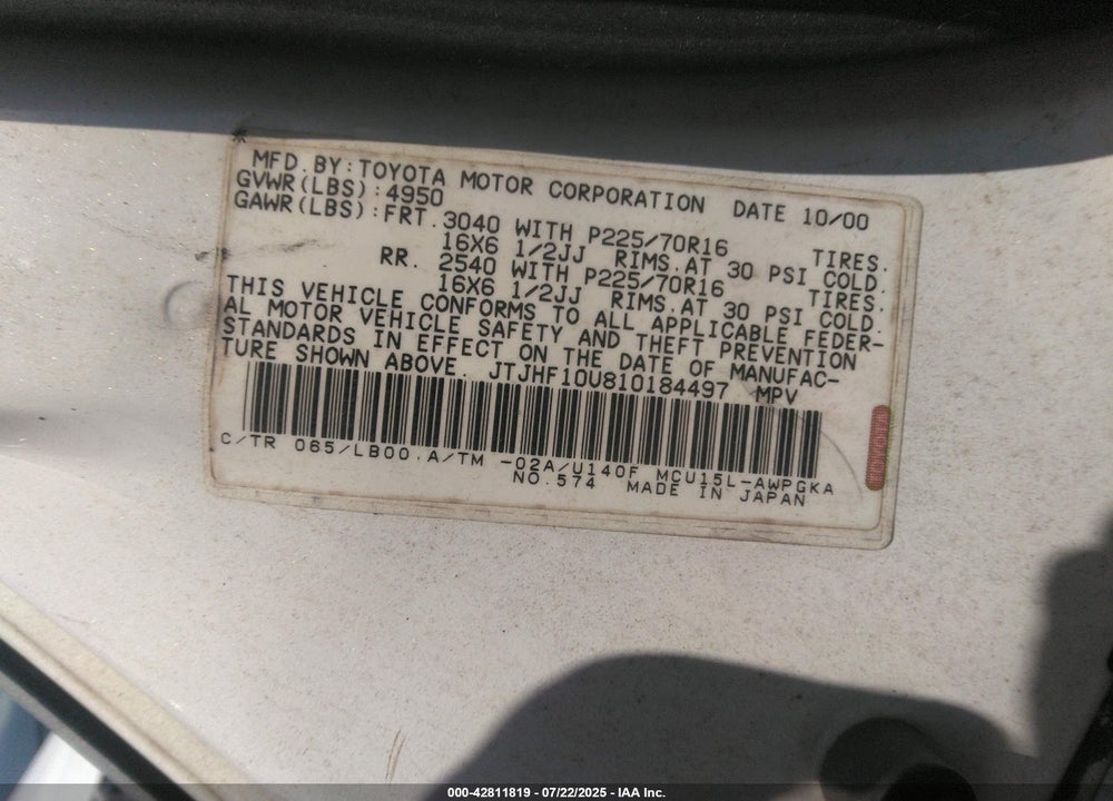 2001 LEXUS RX 300 VIN: JTJHF10U810184497