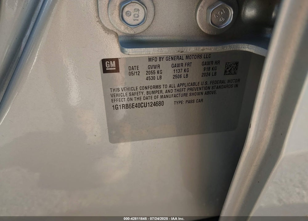 2012 CHEVROLET VOLT VIN: 1G1RB6E40CU124680