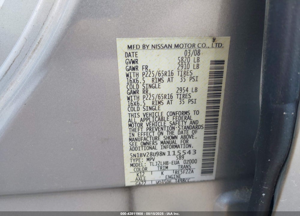 2008 NISSAN QUEST 3.5 S VIN: 5N1BV28U98N115543