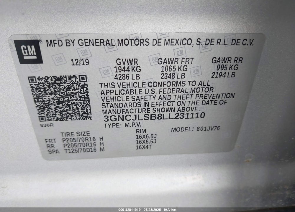 2020 CHEVROLET TRAX VIN: 3GNCJLSB8LL231110