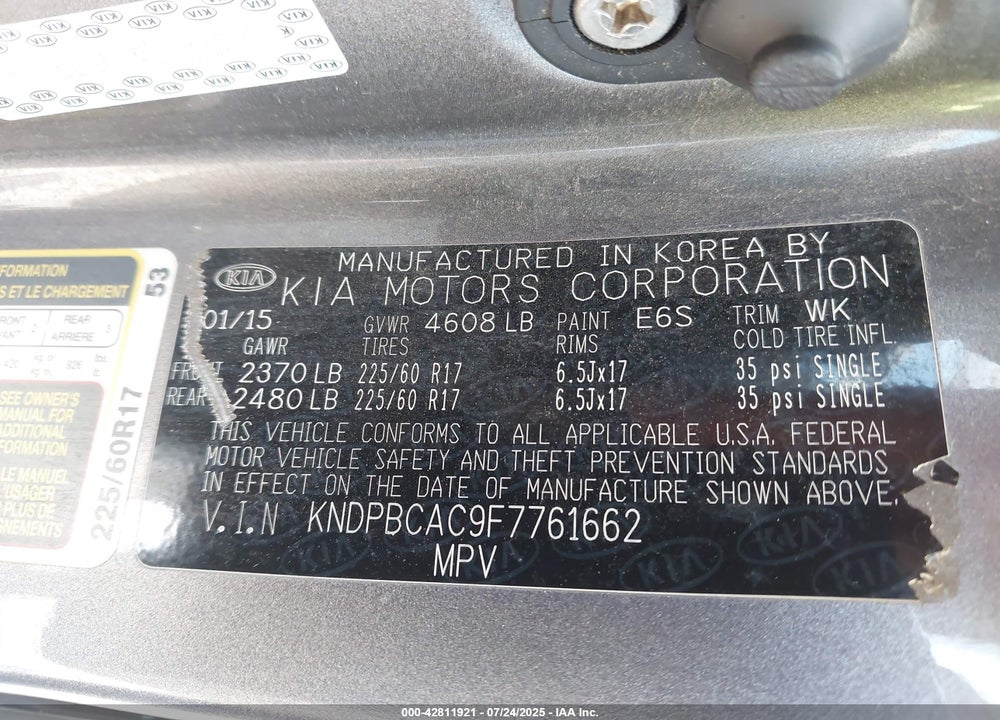 2015 KIA SPORTAGE VIN: KNDPBCAC9F7761662