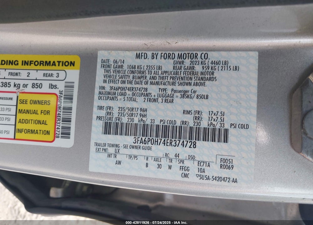 2014 FORD FUSION VIN: 3FA6P0H74ER374728
