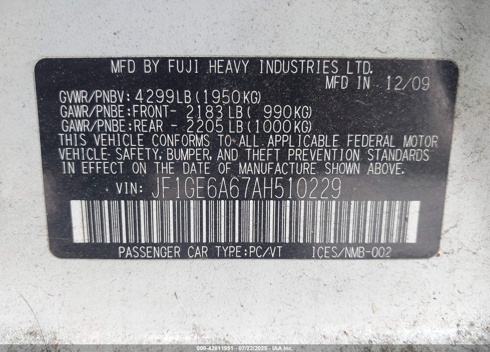 2010 SUBARU IMPREZA VIN: JF1GE6A67AH510229