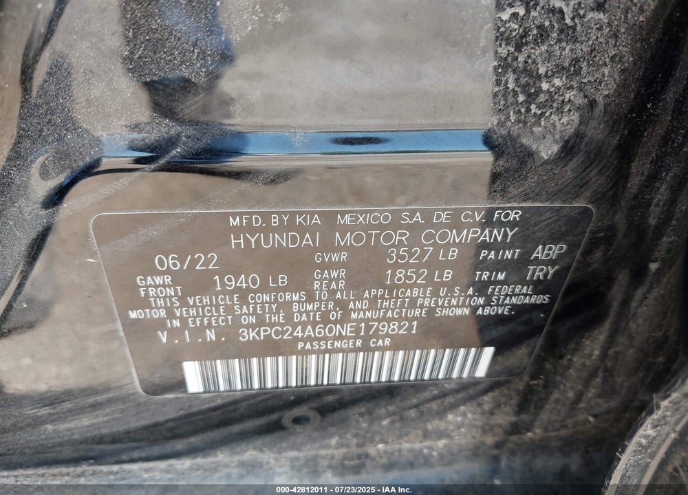 2022 HYUNDAI ACCENT VIN: 3KPC24A60NE179821