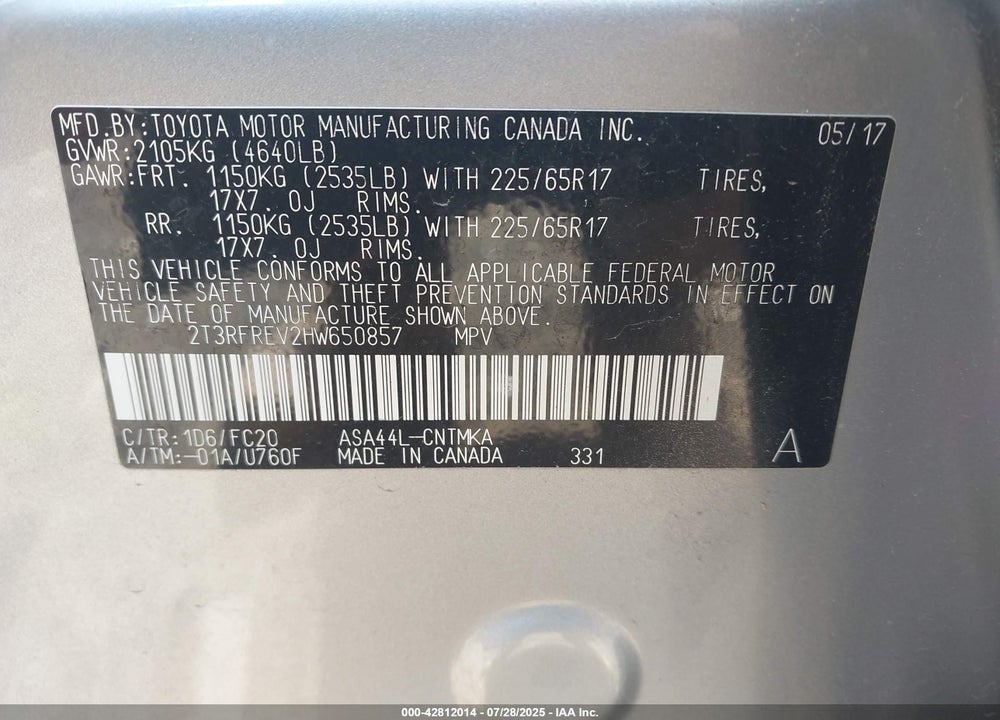 2017 TOYOTA RAV4 VIN: 2T3RFREV2HW650857
