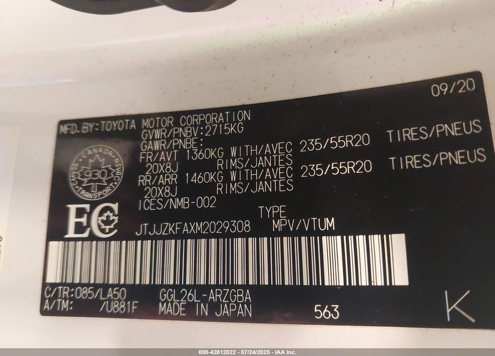 2021 LEXUS RX 350L VIN: JTJJZKFAXM2029308