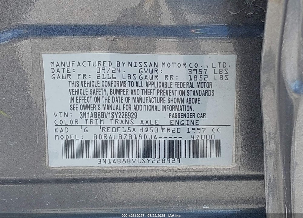 2025 NISSAN SENTRA S VIN: 3N1AB8BV1SY228929