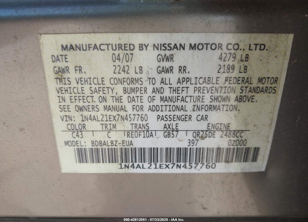 2007 NISSAN ALTIMA 2.5 S VIN: 1N4AL21EX7N457760