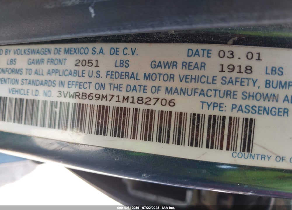 2001 VOLKSWAGEN JETTA GL VIN: 3VWRB69M71M182706