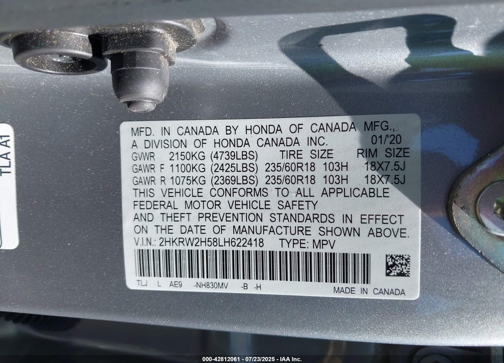 2020 HONDA CR-V VIN: 2HKRW2H58LH622418