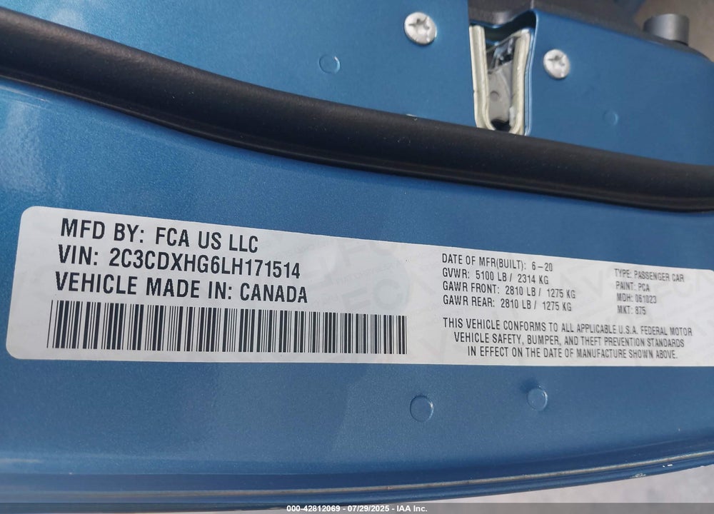 2020 DODGE CHARGER VIN: 2C3CDXHG6LH171514