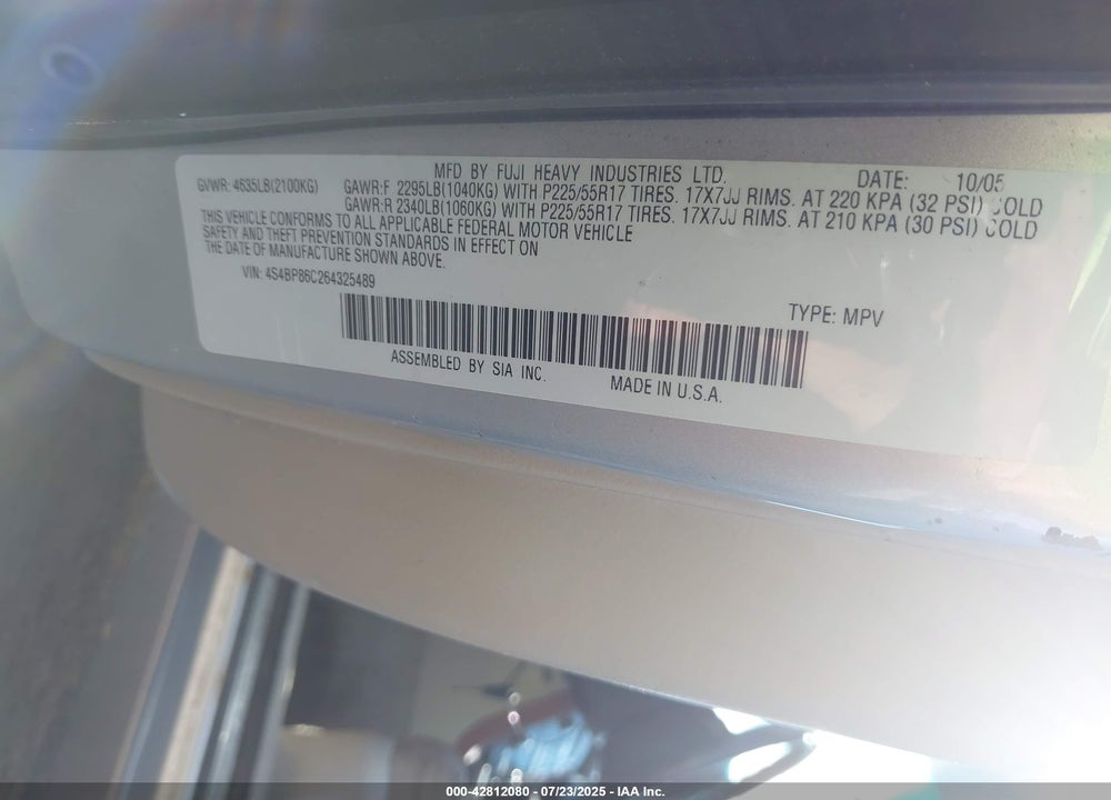2006 SUBARU OUTBACK VIN: 4S4BP86C264325489