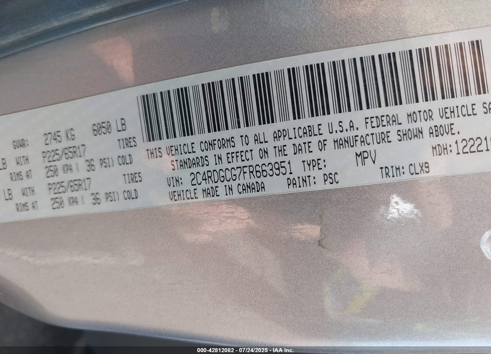 2015 DODGE GRAND CARAVAN SXT PLUS VIN: 2C4RDGCG7FR663951