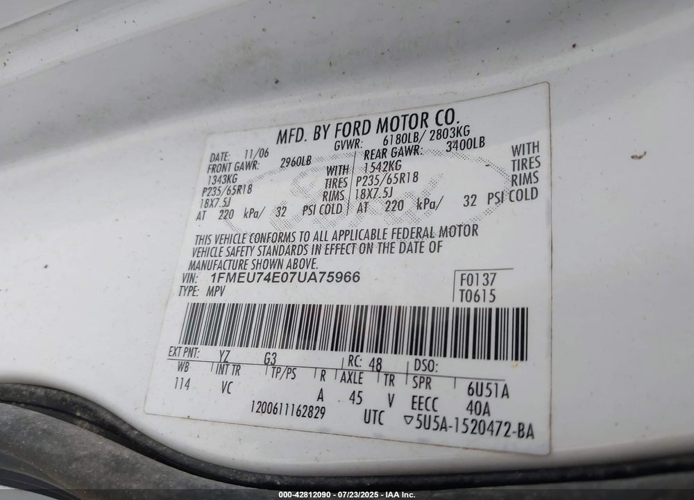 2007 FORD EXPLORER VIN: 1FMEU74E07UA75966