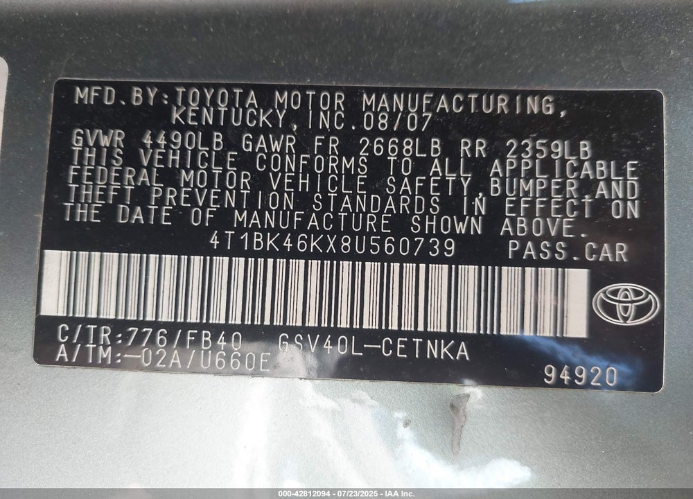 2008 TOYOTA CAMRY VIN: 4T1BK46KX8U560739