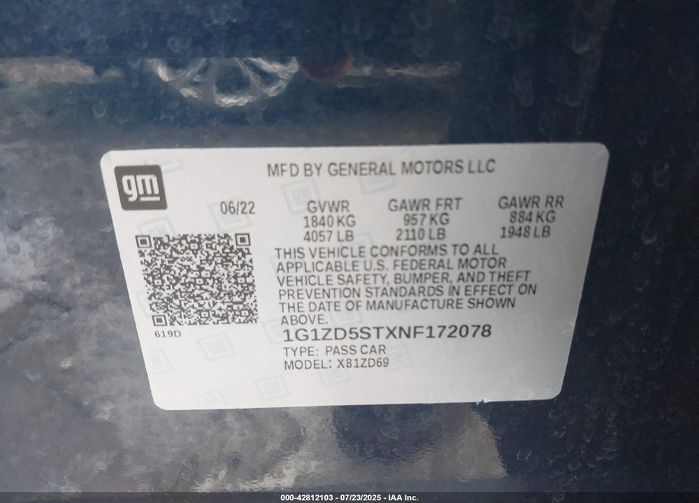 2022 CHEVROLET MALIBU VIN: 1G1ZD5STXNF172078