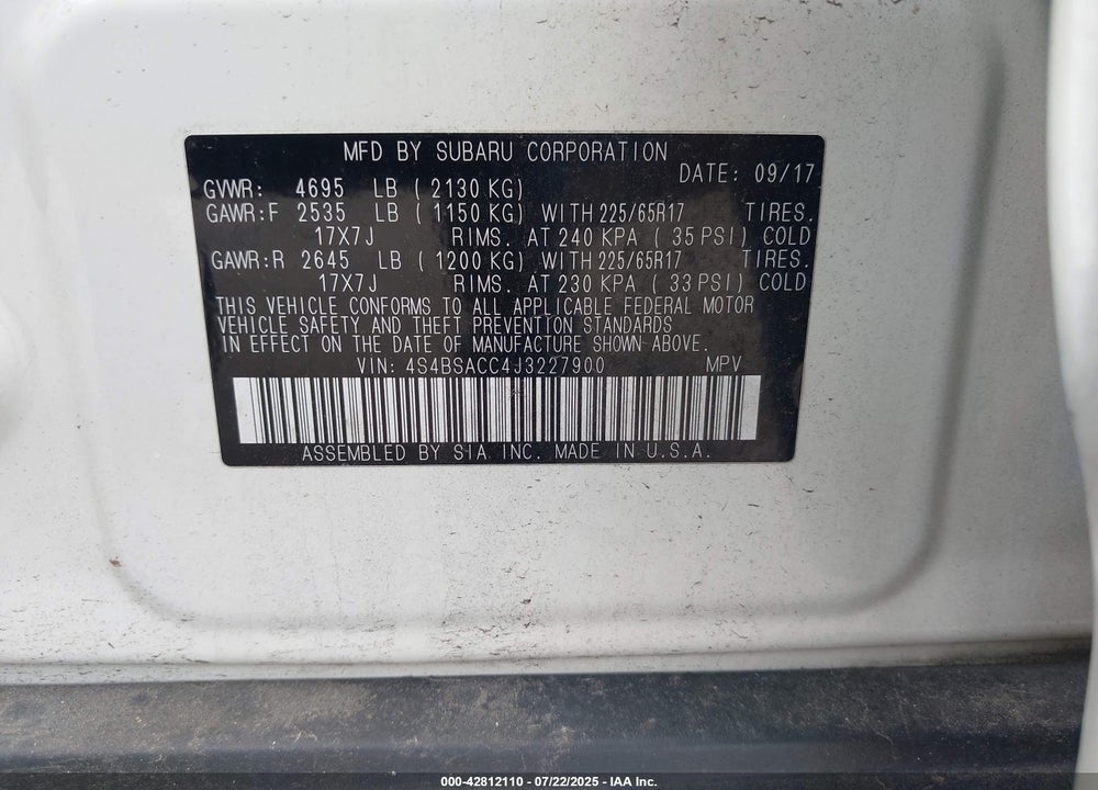 2018 SUBARU OUTBACK VIN: 4S4BSACC4J3227900