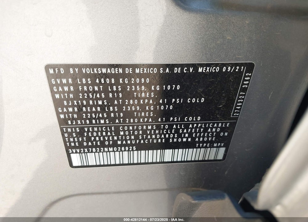 2022 VOLKSWAGEN TAOS 1.5T SEL VIN: 3VV2X7B22NM026925