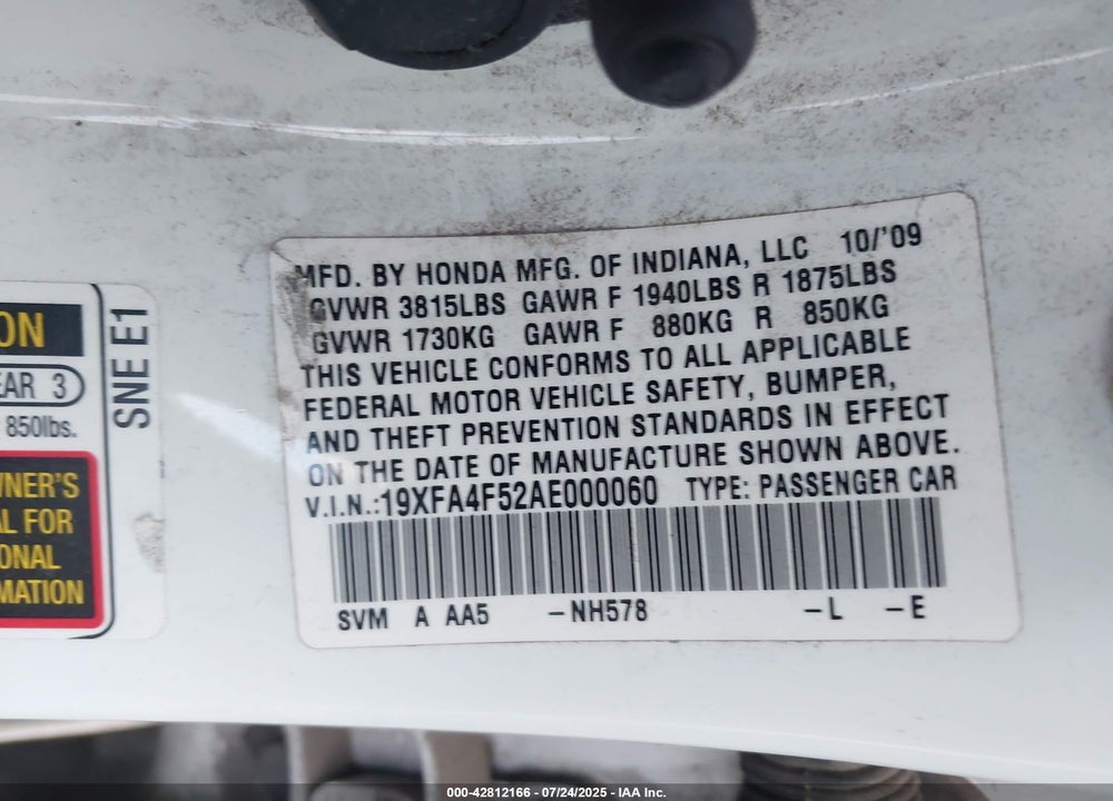 2010 HONDA CIVIC VIN: 19XFA4F52AE000060