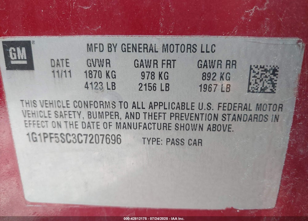 2012 CHEVROLET CRUZE VIN: 1G1PF5SC3C7207696