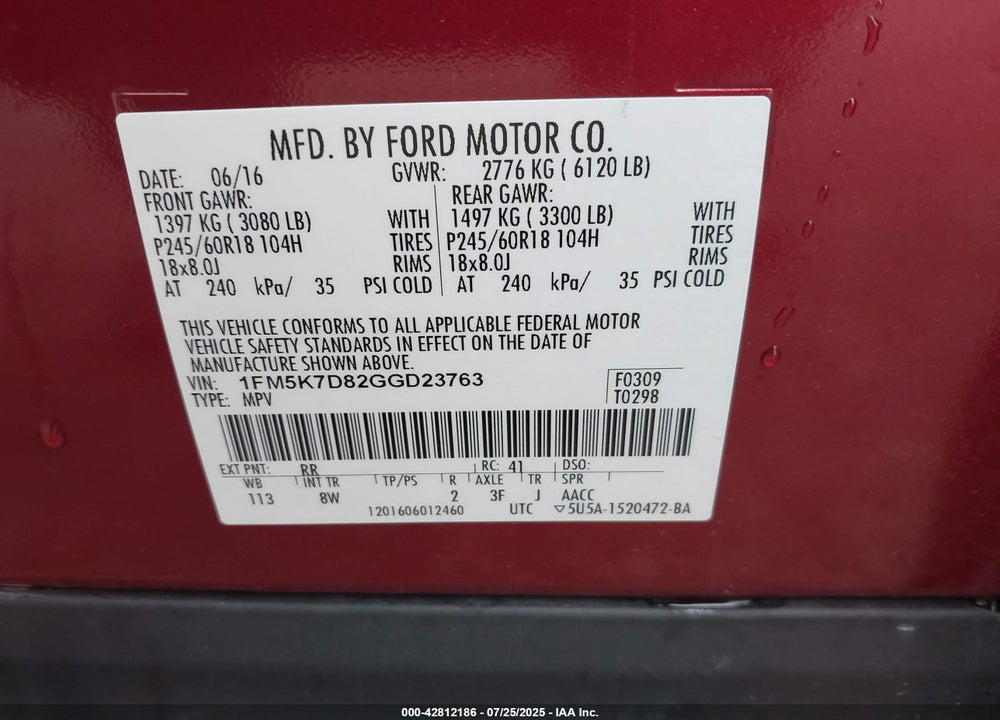 2016 FORD EXPLORER VIN: 1FM5K7D82GGD23763