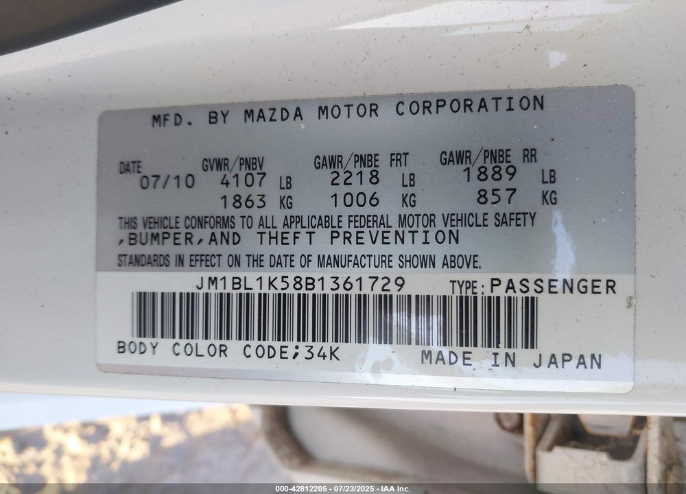 2011 MAZDA 3 VIN: JM1BL1K58B1361729