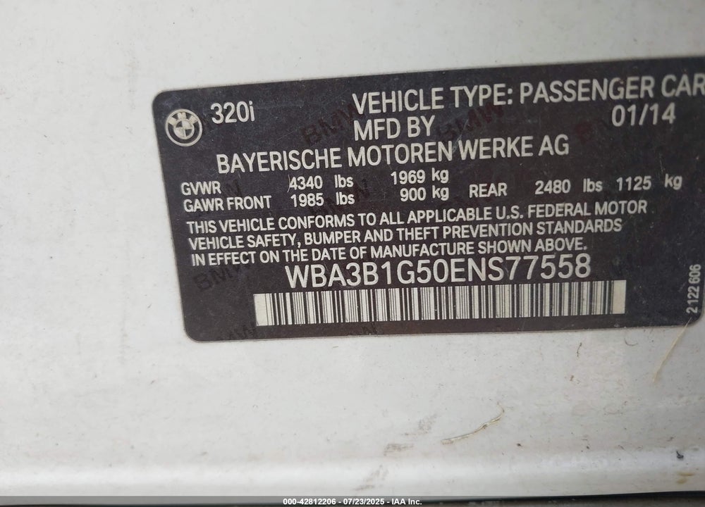 2014 BMW 3 SERIES VIN: WBA3B1G50ENS77558
