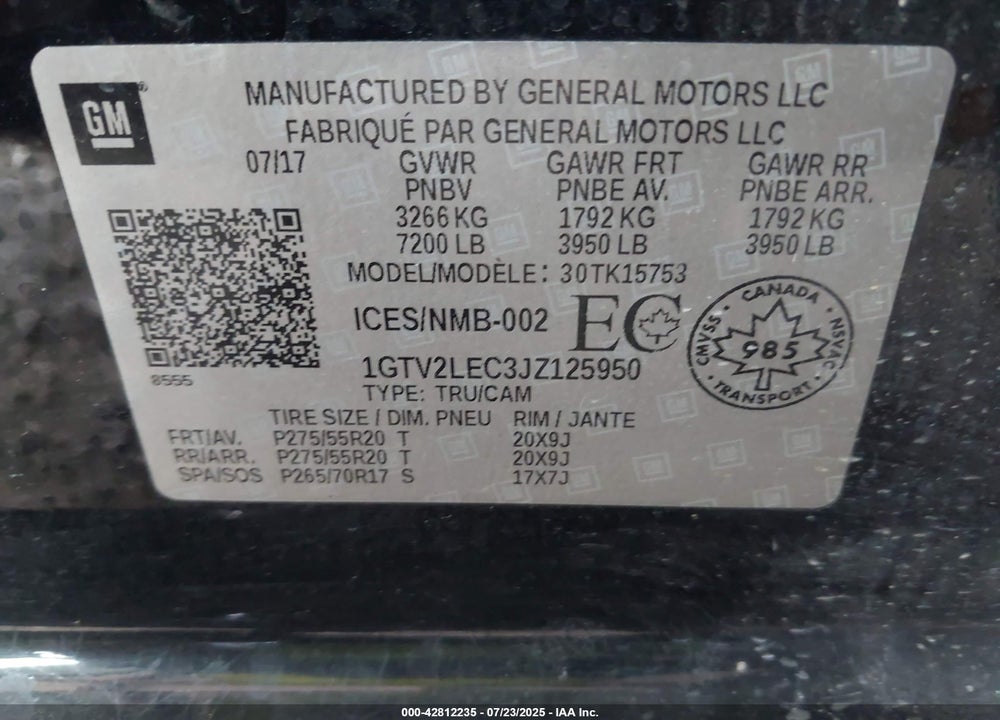 2018 GMC SIERRA 1500 VIN: 1GTV2LEC3JZ125950